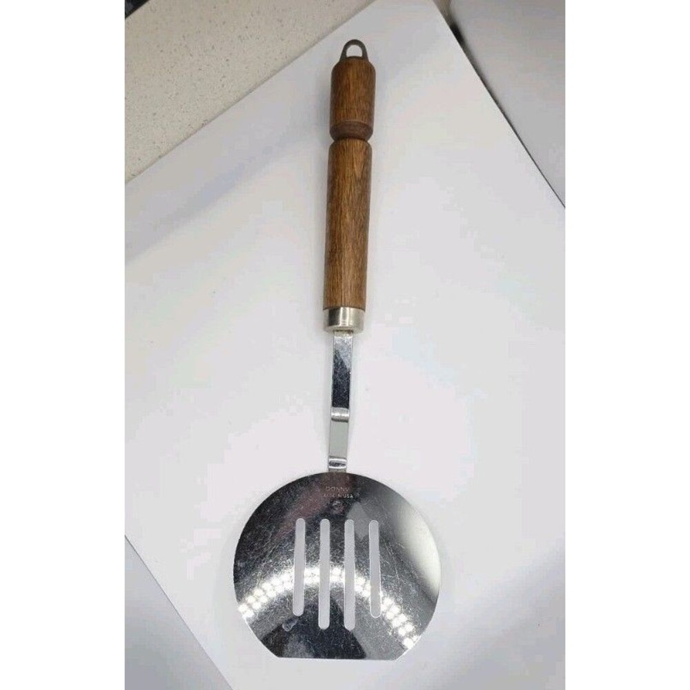 Vintage Bonny USA Stainless Slotted Pancake Spatula Flipper Wood Handle 11.5"
